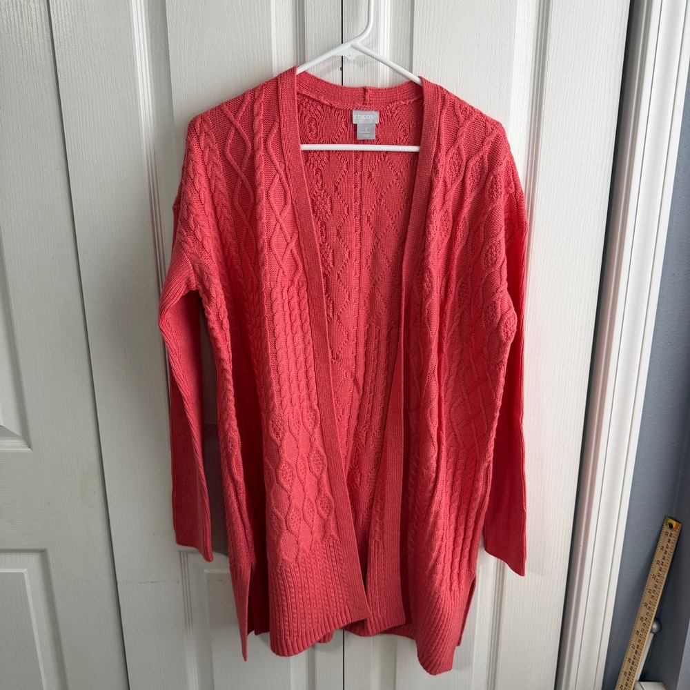 Chico’s strawberry blush cable stitch open front cardigan size 2 US large